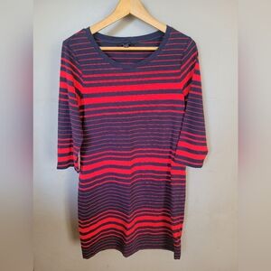 Tommy Hilfiger Red and Navy Blue Striped Knee Length Dress Shirt Quiet Luxury